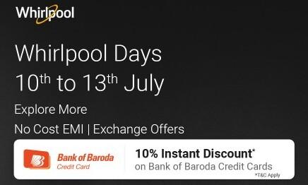 Flipkart Whirlpool Days - Upto 30% off + Extra 10% Off using Bank of Baroda Credit Cards